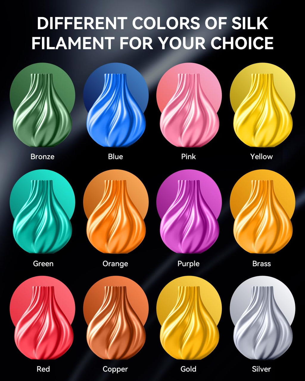 SUNLU 3D Printer Filament Bundle, PLA+ Silk Filament Multicolor 1.75mm, Individually Vacuum Packed, 250G Spool, 8 Rolls, 2kg in Total, Light Gold+Silver+Purple+Red+Orange+Yellow+Pink+Bronze