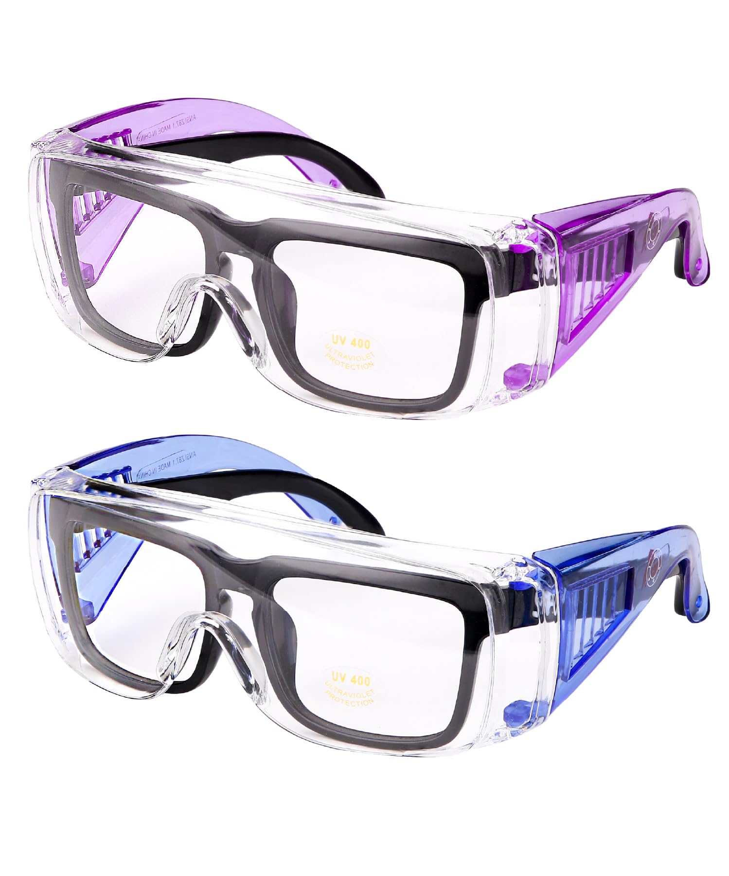 UNCO- Safety Glasses Over Eyeglasses, 2 Pack, Dark Blue and Purple Handle, Anti Fog Safety Goggles Over Glasses, Protective Eyewear