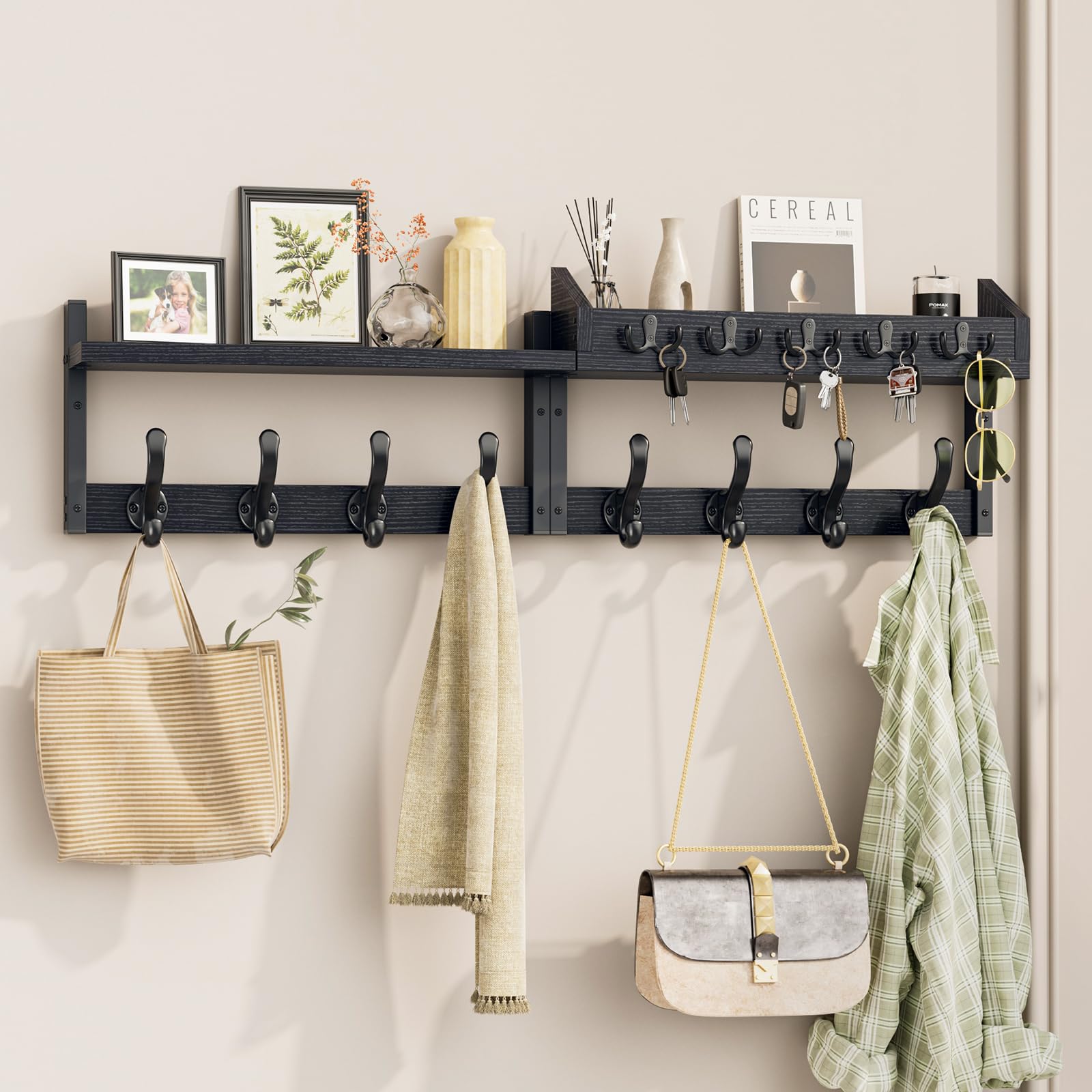 Evermagin 35" Coat Rack Wall Mount with Shelf, 4 in 1 Coat and Key Hanger with 13 Metal Hooks, Entryway Wall Mounted Shelf with Mail Holder for Living Room, Bedroom, Black