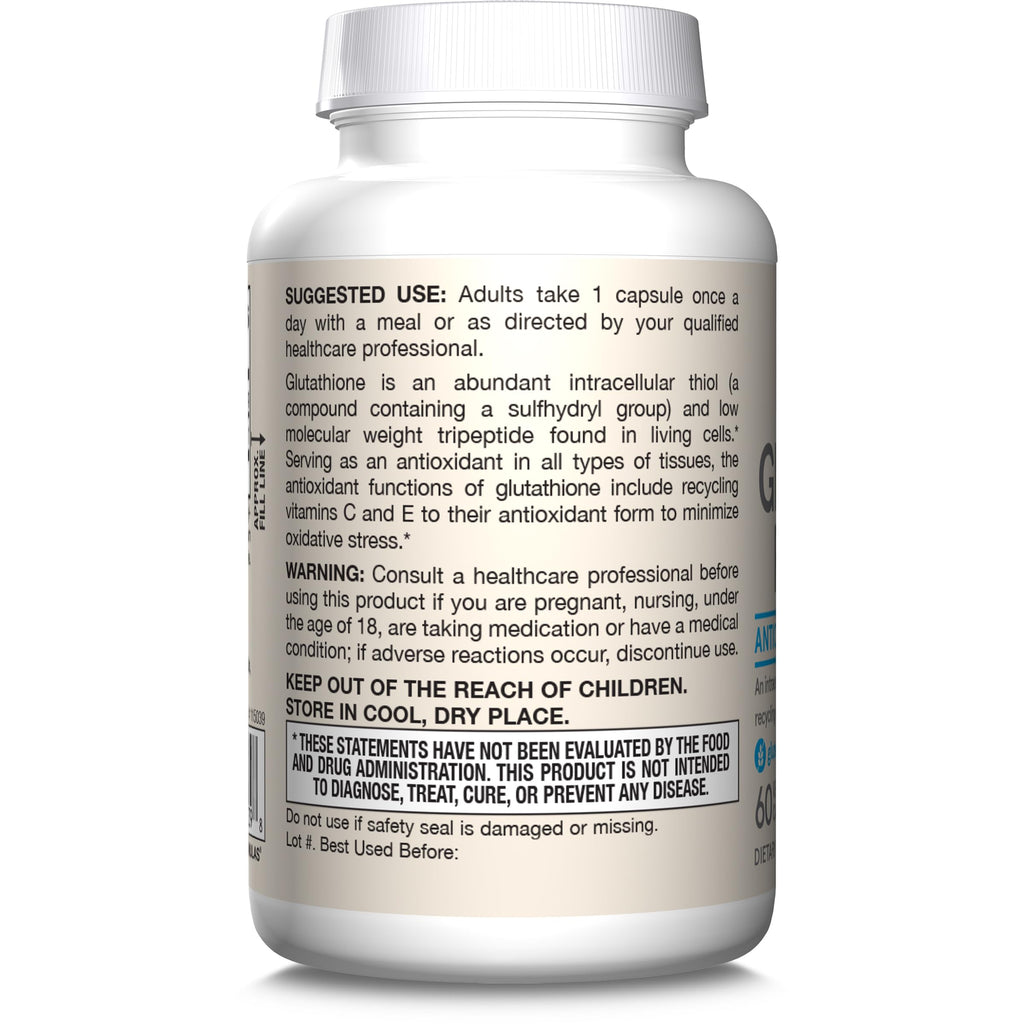 Jarrow Formulas Glutathione Reduced 500 mg - 60 Veggie Capsules - Intracellular Antioxidant - Quality Glutathione Supplements - Supports Recycling of Vitamins C & E - Non-GMO - Gluten Free - Vegan