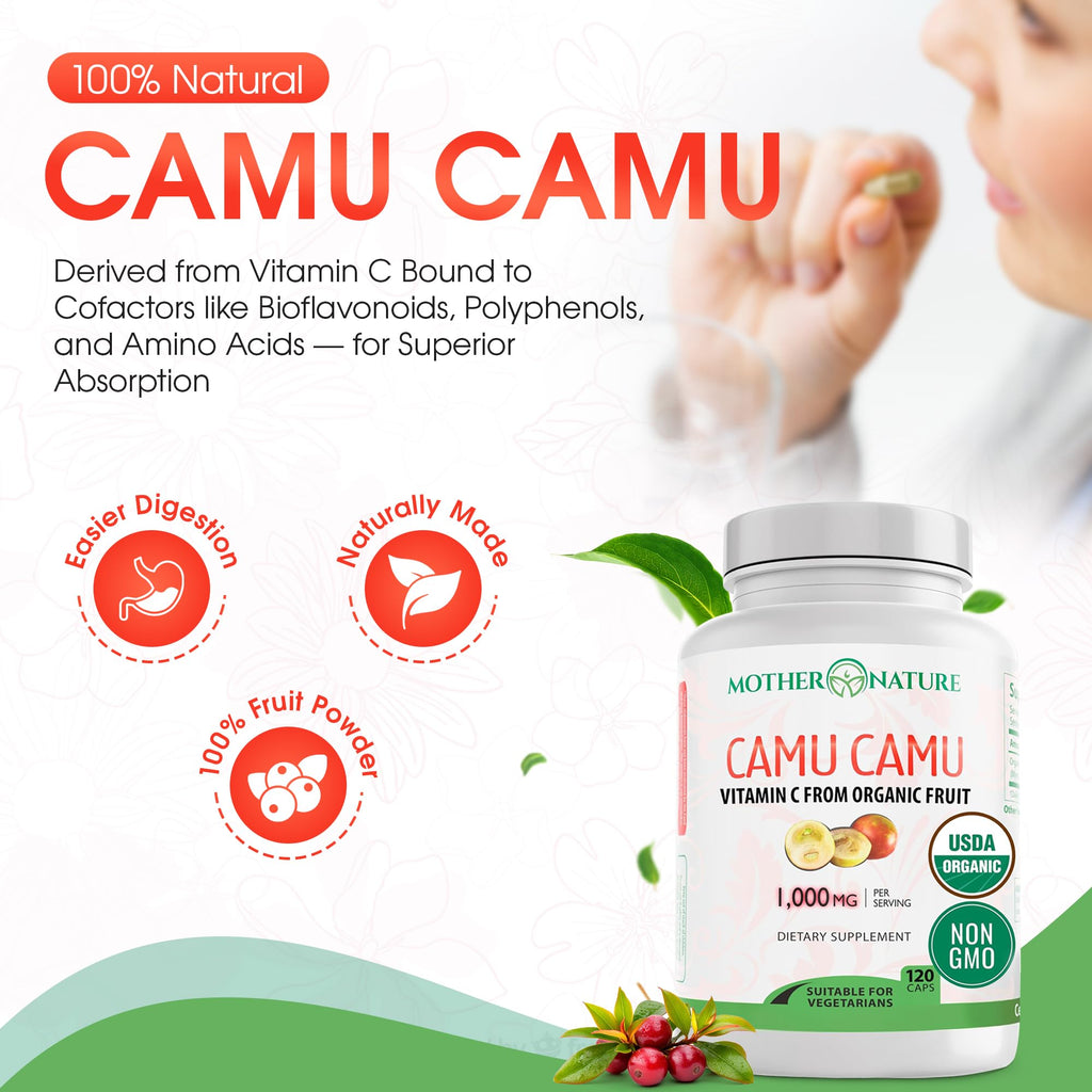 Organic Vitamin C from Camu Camu Capsules 1,000mg, Packed with Natural VIT C, Raw Antioxidants - Immune Support Supplement & Anti-Aging for Skin - Powder Organic, Vegan, Non-GMO (120 Count)