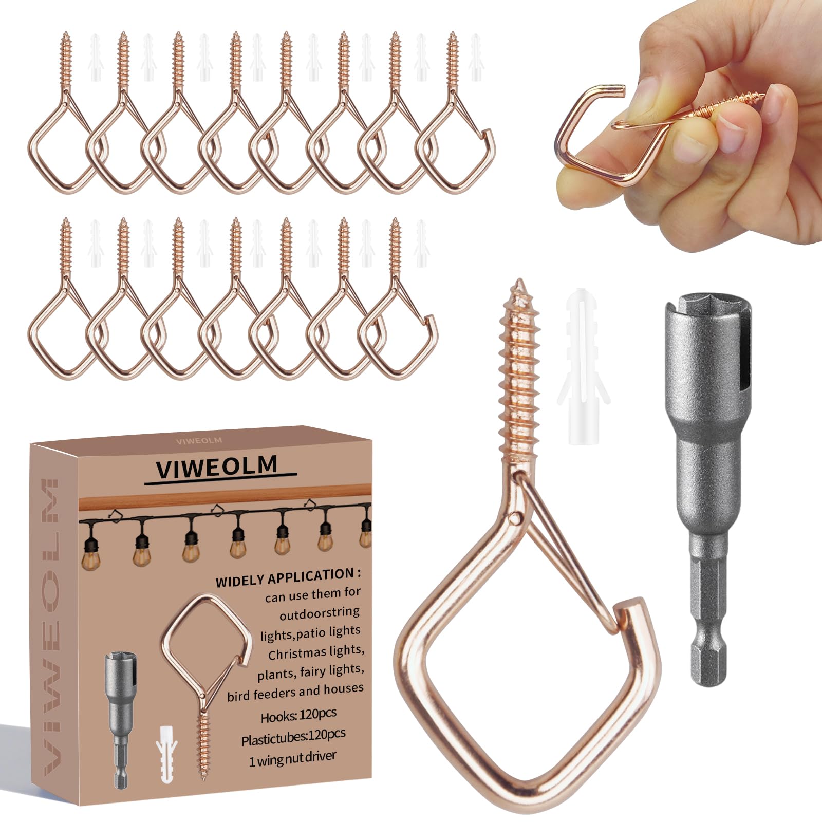 Viweolm 120 Pcs Rose Gold Eye Hooks Screw Heavy Duty,Ceiling Hooks for Hanging Plants,String Lights,Cup,Wind Chime,Bird Feeders. Plant Hanger Indoor&Outdoor