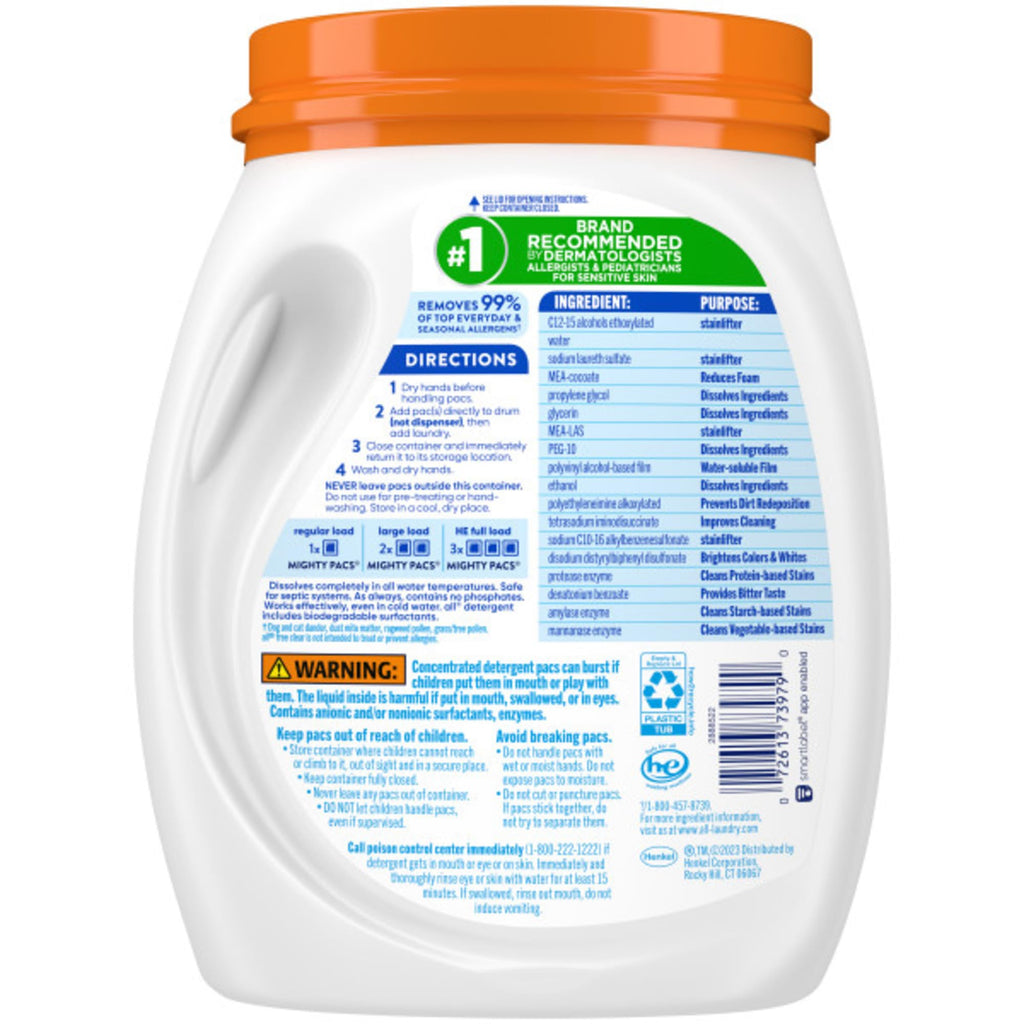 all free clear MIGHTY PACS Advanced OXI, Laundry Detergent Pacs, 56 Count (Pack of 2), Stainfighting, Unscented, and Hypoallergenic for Sensitive Skin, Dermatologist Tested, HE Safe