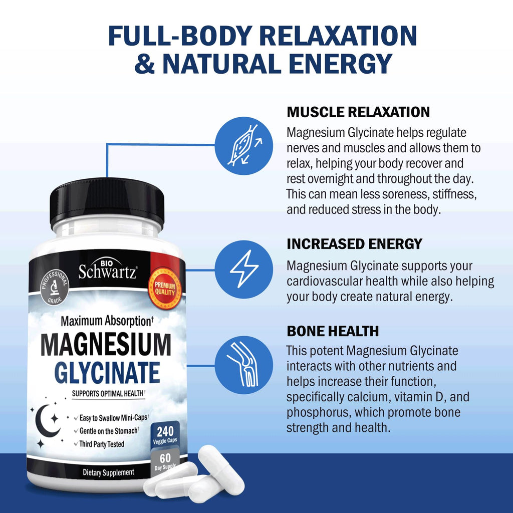 BioSchwartz Magnesium Glycinate 500mg Capsules (240 Mini Caps) Maximum Absorption Magnesium Supplement for Healthy Nerves Muscles Heart Mood and Sleep Support (Vegan, Gluten-Free, Non-GMO)