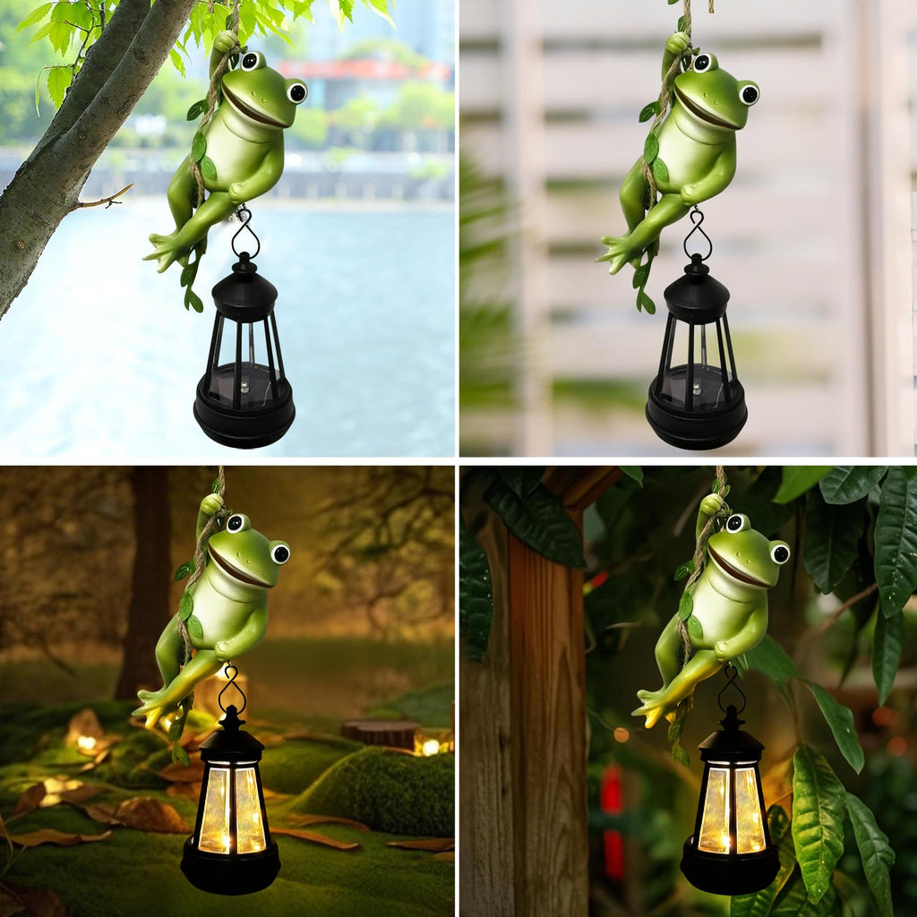 Solar Frogs Outdoor Garden Statues, Christmas Hanging Climbing Rope Frog on a Vine with Lantern Tree Hugger Figurine Lights for Outside Yard Art Sculptures Porch Balcony Wall Decor, Funny Gifts