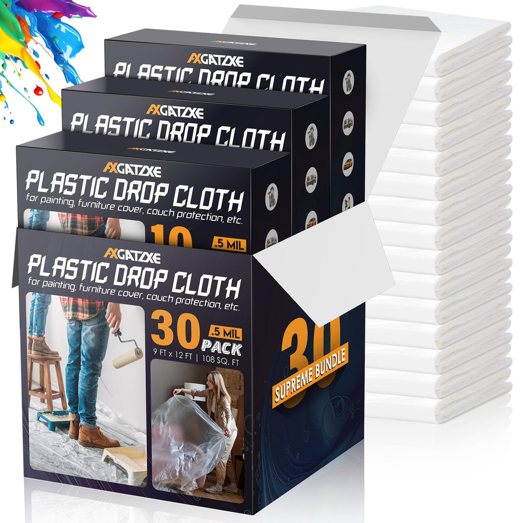 12 x 9 Ft Plastic Sheet Drop Cloths (30-Pack) - Disposable Painter's Sheeting & Tarps for Painting, Waterproof Painting Supplies, Dust Cover for Furniture/Couch/Floor Protection