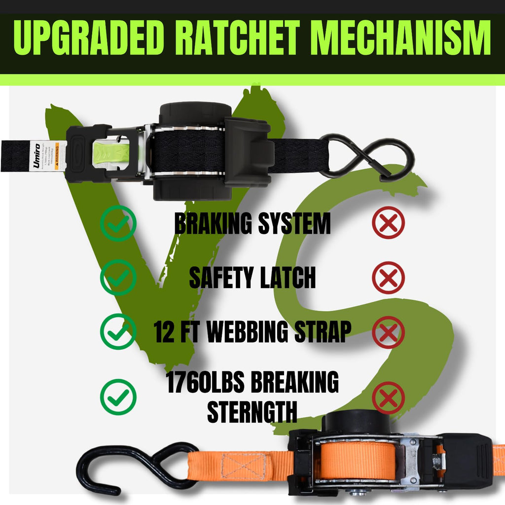 Retractable Ratchet Straps, 4-Pack, 1 Inch x 12 Feet Heavy Duty Tie Downs, 1760lb Break Strength, Self Retracting for Truck, Cargo, Trailer, Motorcycle, ATV, UTV (Black-Green, 4pack)