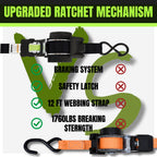 Retractable Ratchet Straps, 4-Pack, 1 Inch x 12 Feet Heavy Duty Tie Downs, 1760lb Break Strength, Self Retracting for Truck, Cargo, Trailer, Motorcycle, ATV, UTV (Black-Green, 4pack)