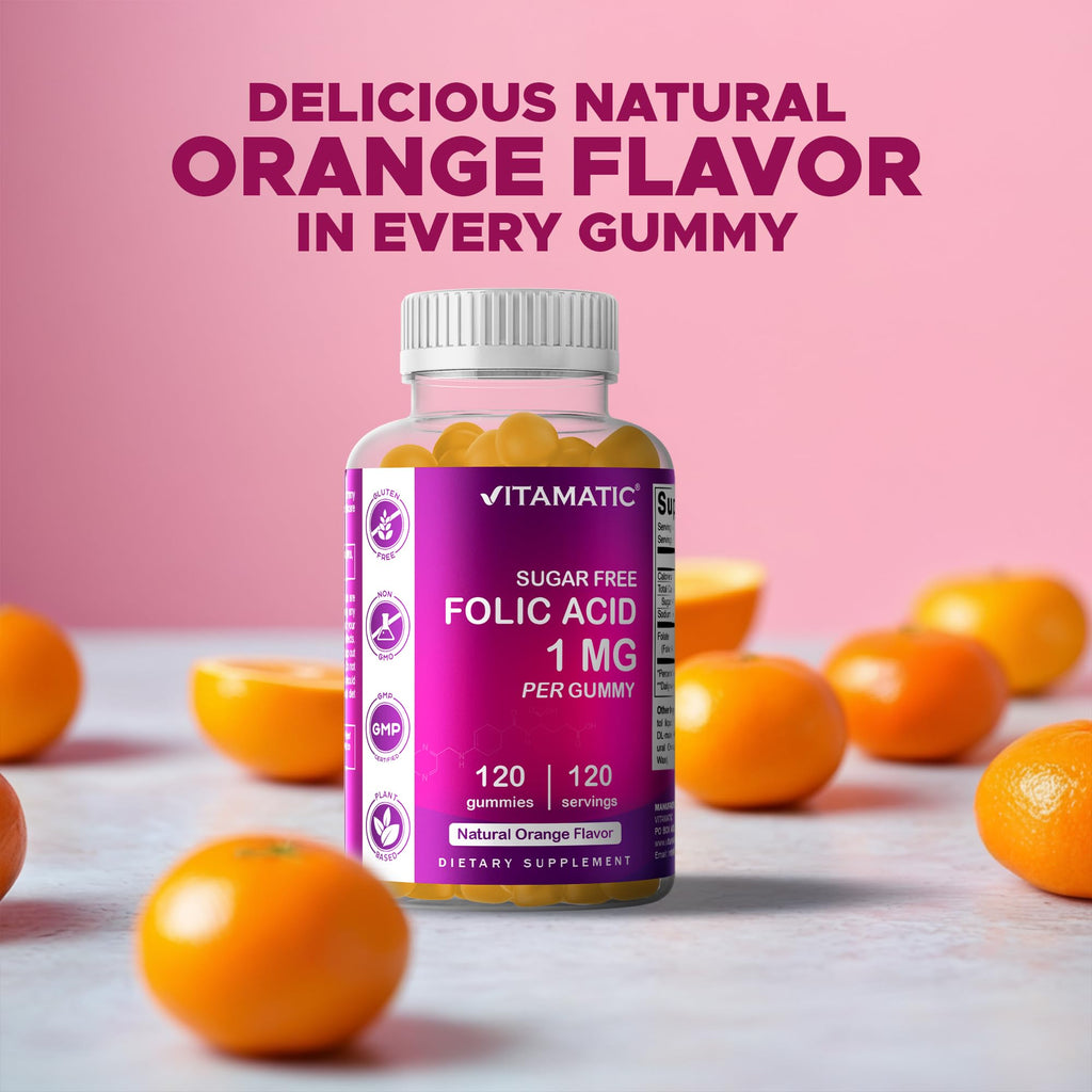 Vitamatic Folic Acid Gummies 1000 mcg (1 mg) – Essential Prenatal Vitamin B9 for Mom & Baby – 120 Vegan Gummies per Bottle – 2 Pack