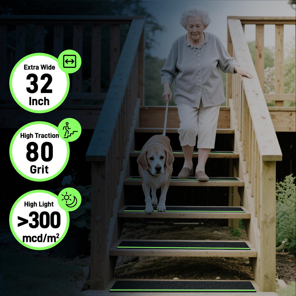 LifeGrip Outdoor Stair Treads Non-Slip 12 Pack, 6"x32" Glow in Dark Stripe Waterproof Grip Tape for Wooden Steps, Deck, Porch - 80-Grit Adhesive Strips for Dogs, Kids & Elderly Safety
