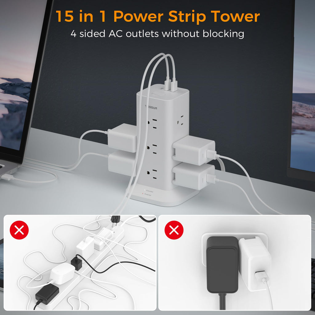 Power Strip Tower with Surge Protection, TESSAN Flat Plug Extension Cord 6 Feet with Multiple Outlets 3 USB Ports (1 USB C), Office Desk Supplies, Dorm Essentials
