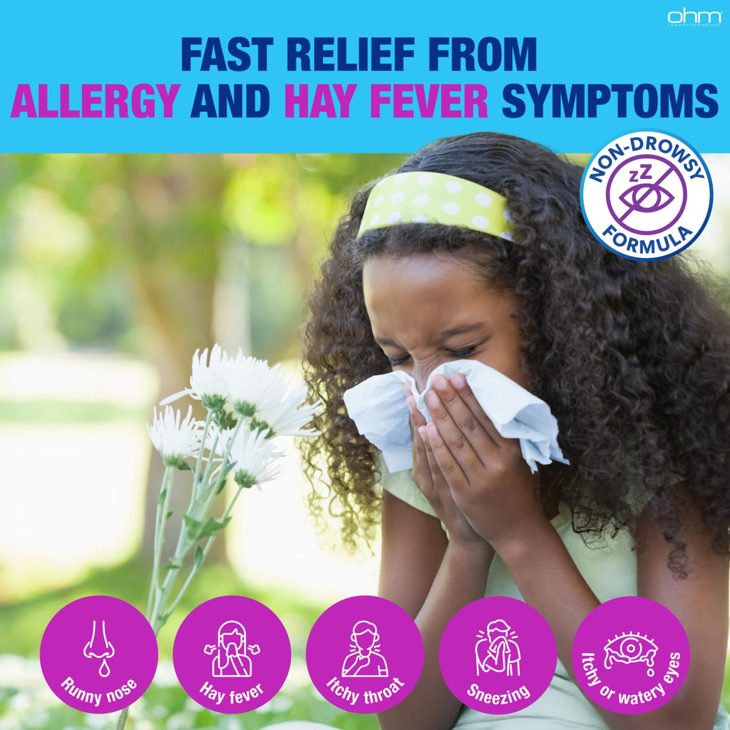 Ohm Children's Allergy Medicine, Loratadine 5mg, Chewable Tablets (60 Count) Grape Flavor, Non-Drowsy Antihistamine, 24-Hour Allergy Relief for Runny Nose, Watery Eyes, Itchy Throat & Nose