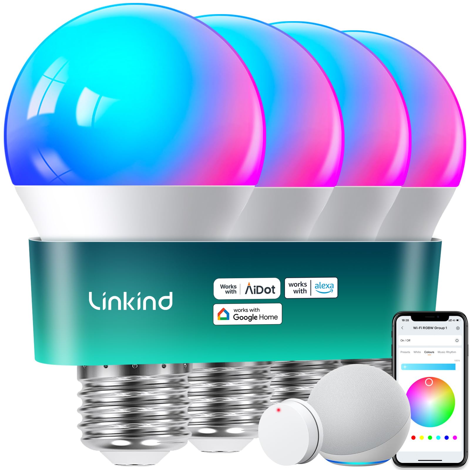 Linkind Smart Light Bulbs with Remote Control, Smart Bulb that Work with Alexa & Google Home, 16 Million Color Changing Light Bulbs 60W, A19 E26 2.4Ghz WiFi Light Dimmable,1800K-6500K,800lm 4 Pack