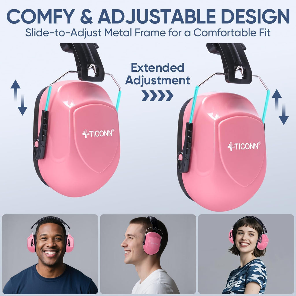 TICONN Noise Cancelling Ear Muffs for Adults, SNR 33dB Hearing Protection, Adjustable Safety Earmuffs for Construction (Soft Pink)