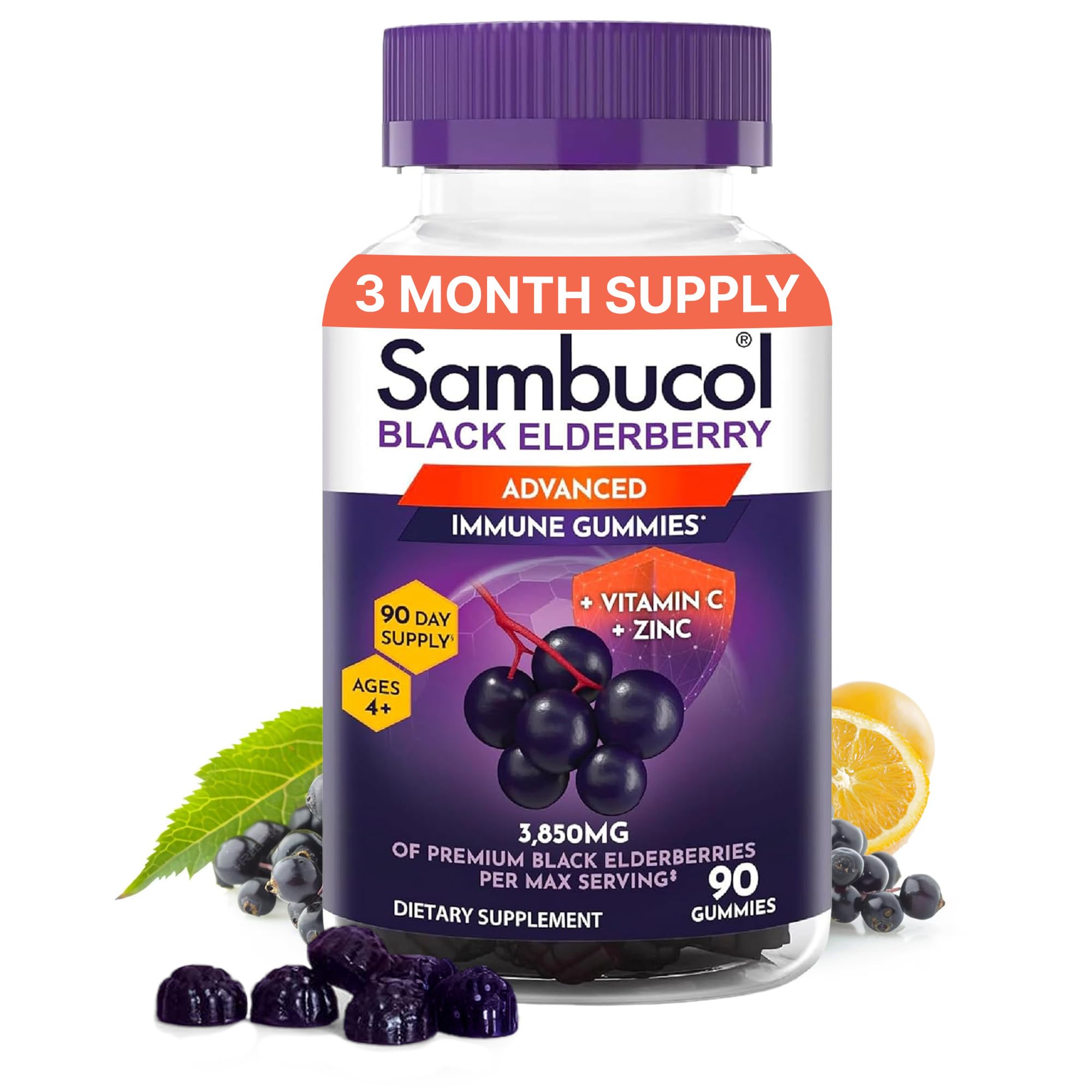 Sambucol Elderberry Gummies - Immune Support Supplement for Adults & Kids with Vitamin C & Zinc, Sambucol Elderberry are High in Antioxidants, Gluten Free, Vegan - 90 Count