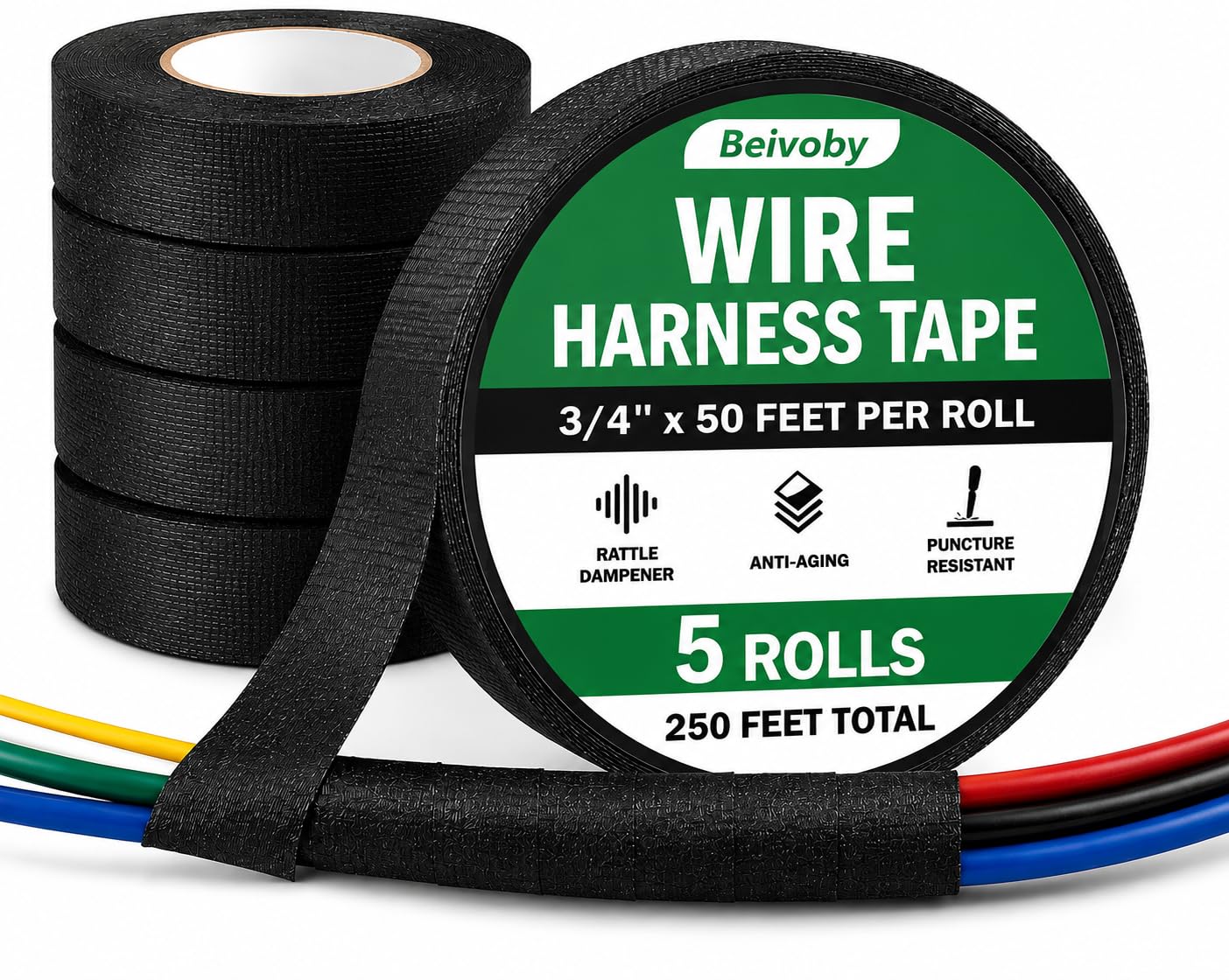 BEIVOBY 5 Rolls High Temp Wire Harness Tape, 250 FT Automotive Cloth Tape for Engine Wiring Loom, Electrical Cable Bundling, Noise & Vibration Damping, 3/4 in x 50 ft Each