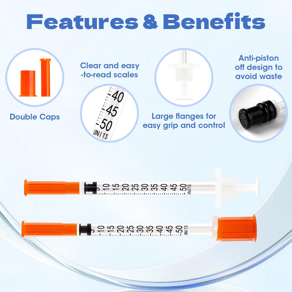 U-100 0.5ml Syringes 32G 1/4"（6mm）, Lab Supplies, Individually Wrapped, Pack of 100