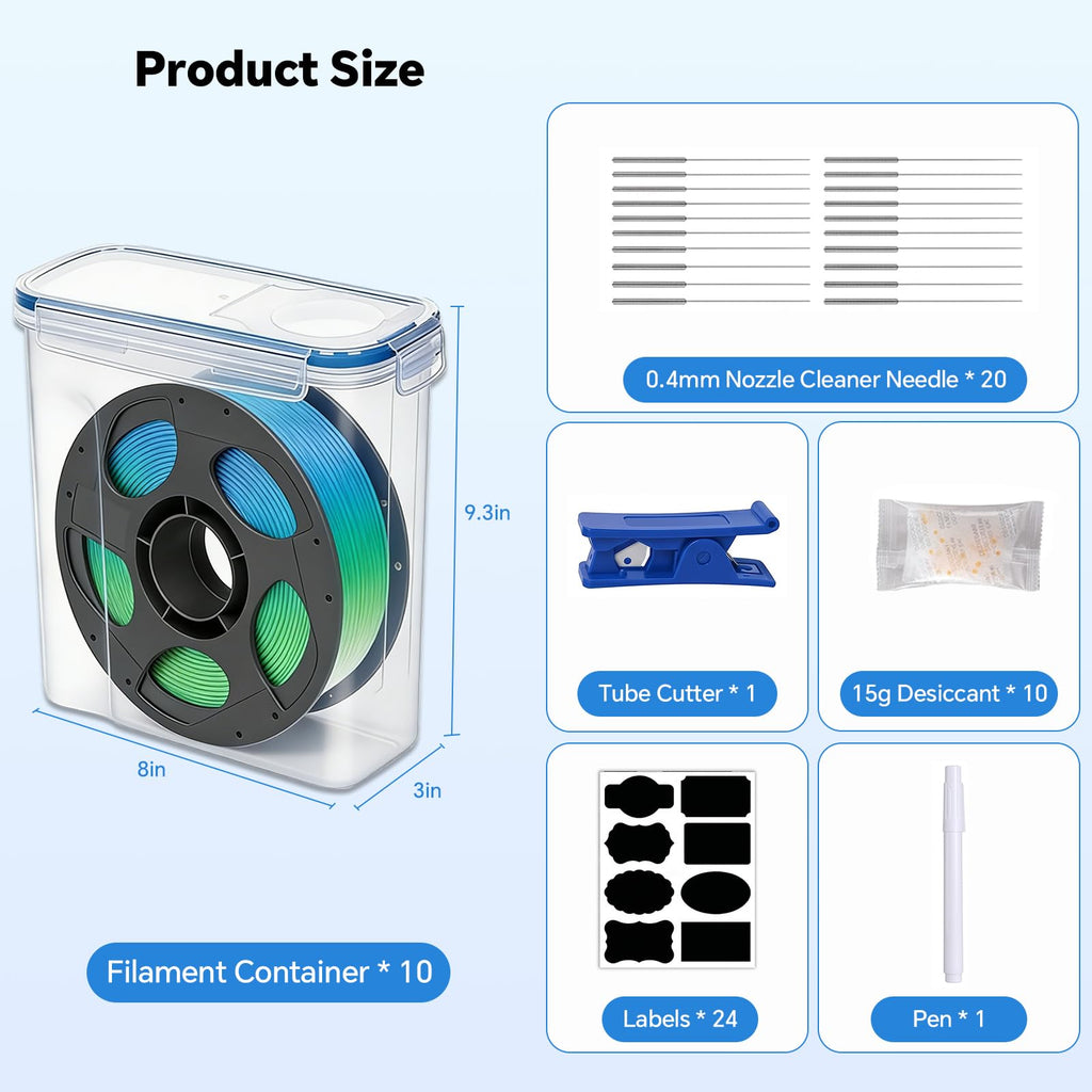 Bestery Filament Storage Box - 10 Pack for 3D Printer Filament Container with Desiccants, 0.4mm Nozzle Cleaning Needles and Tube Cutter, Sealing and Protection for 1.75mm Filament