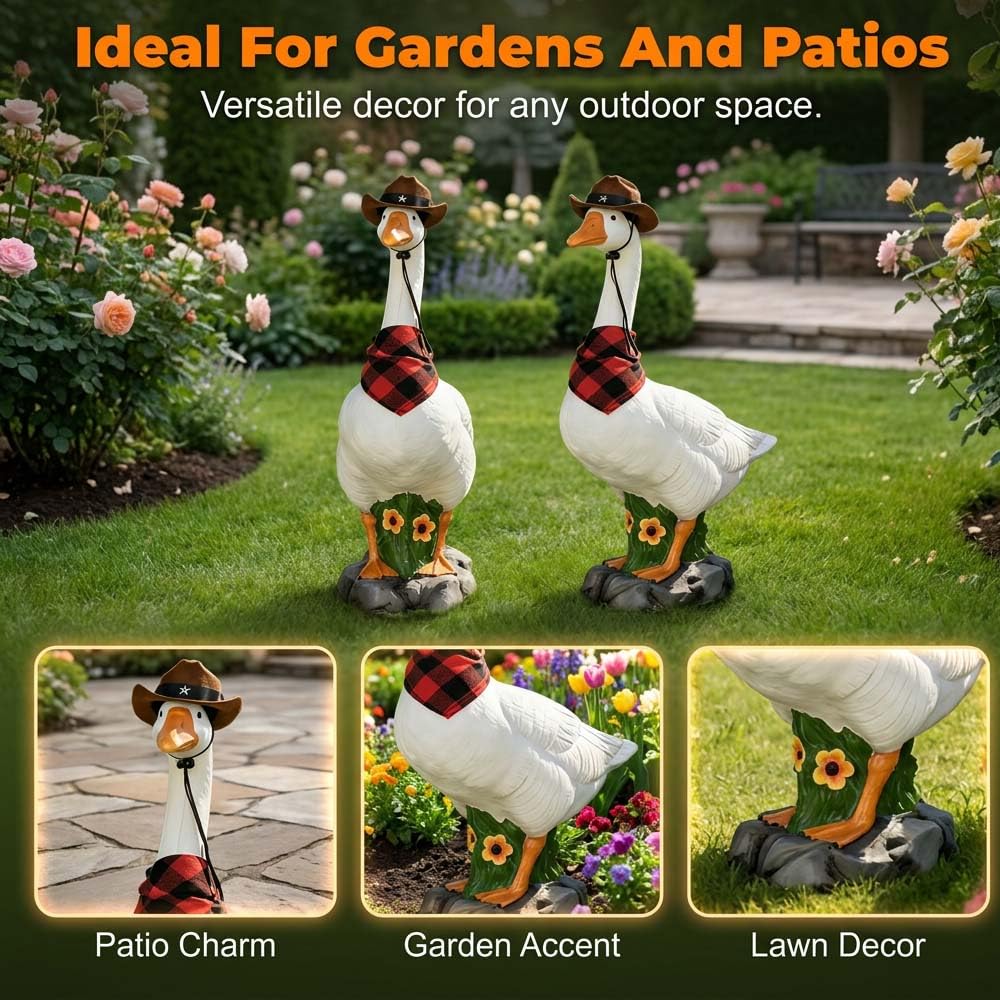 Premium Adjustable Large Porch Goose Statue – 14 Inch Realistic Hollow Plastic Garden Goose with Removable Cowboy Hat & Bandana, Stone Base with Sand-Fillable Design for Outdoor Stability (White)