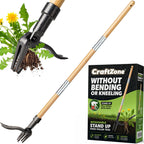 CRAFTZONE Weed Puller Stand Up Weed Puller Tool with Wooden Long Handle Foot Platform Design 4-Claw Steel Head & Removable 3-Section Pole Garden Tools-Easily Remove Weeds Without Bending or Kneeling