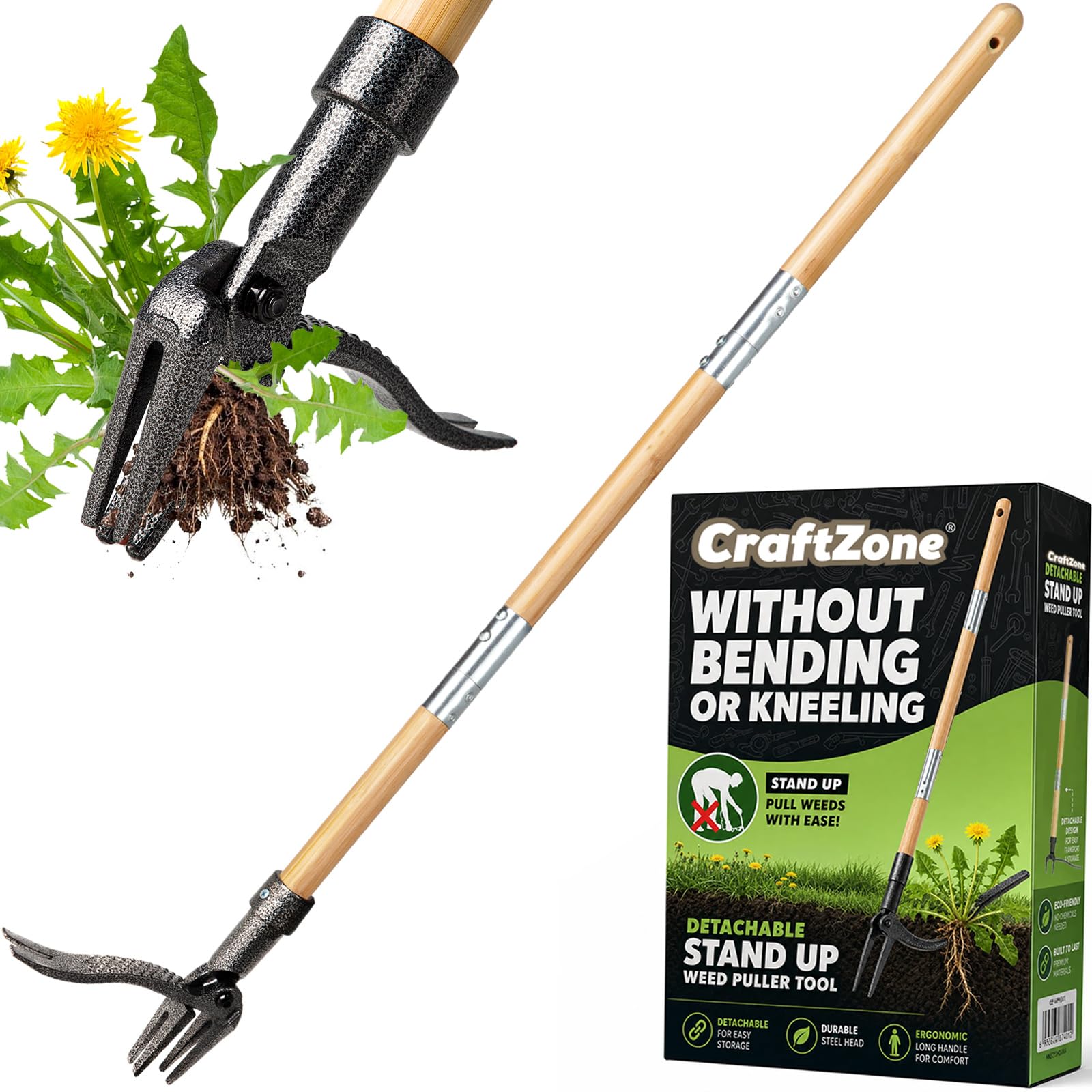 CRAFTZONE Weed Puller Stand Up Weed Puller Tool with Wooden Long Handle Foot Platform Design 4-Claw Steel Head & Removable 3-Section Pole Garden Tools-Easily Remove Weeds Without Bending or Kneeling