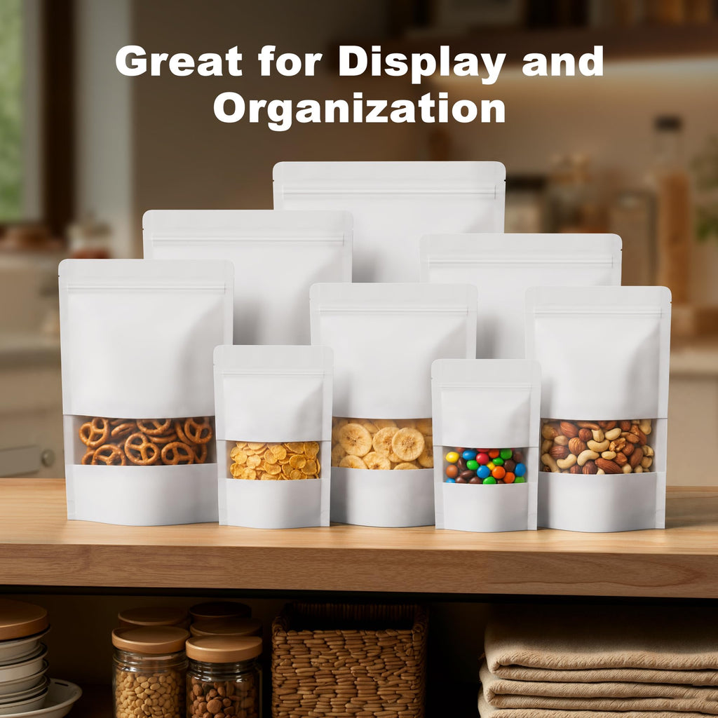 FireKylin 100 Pcs Resealable Bags, Paper Stand Up Pouches Bags with Matte Window for Small Businness, Zipper & Heat Sealable Treat Bags for Packaging(Inner Size 4.1" x 4.9"; Outer Size 4.7" x 7.9")