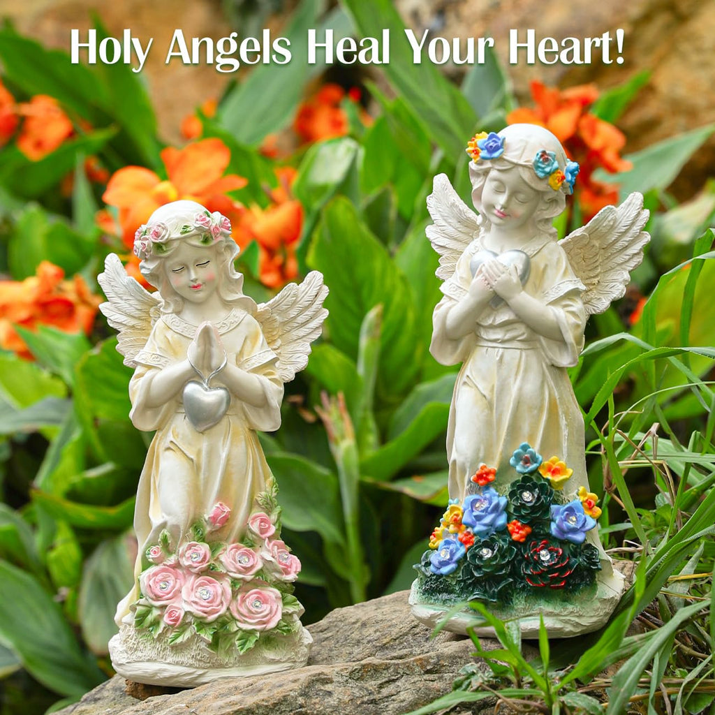 Kssiaz Angel Garden Statue 2Pcs,Love Heart Solar Decor with Warm Light