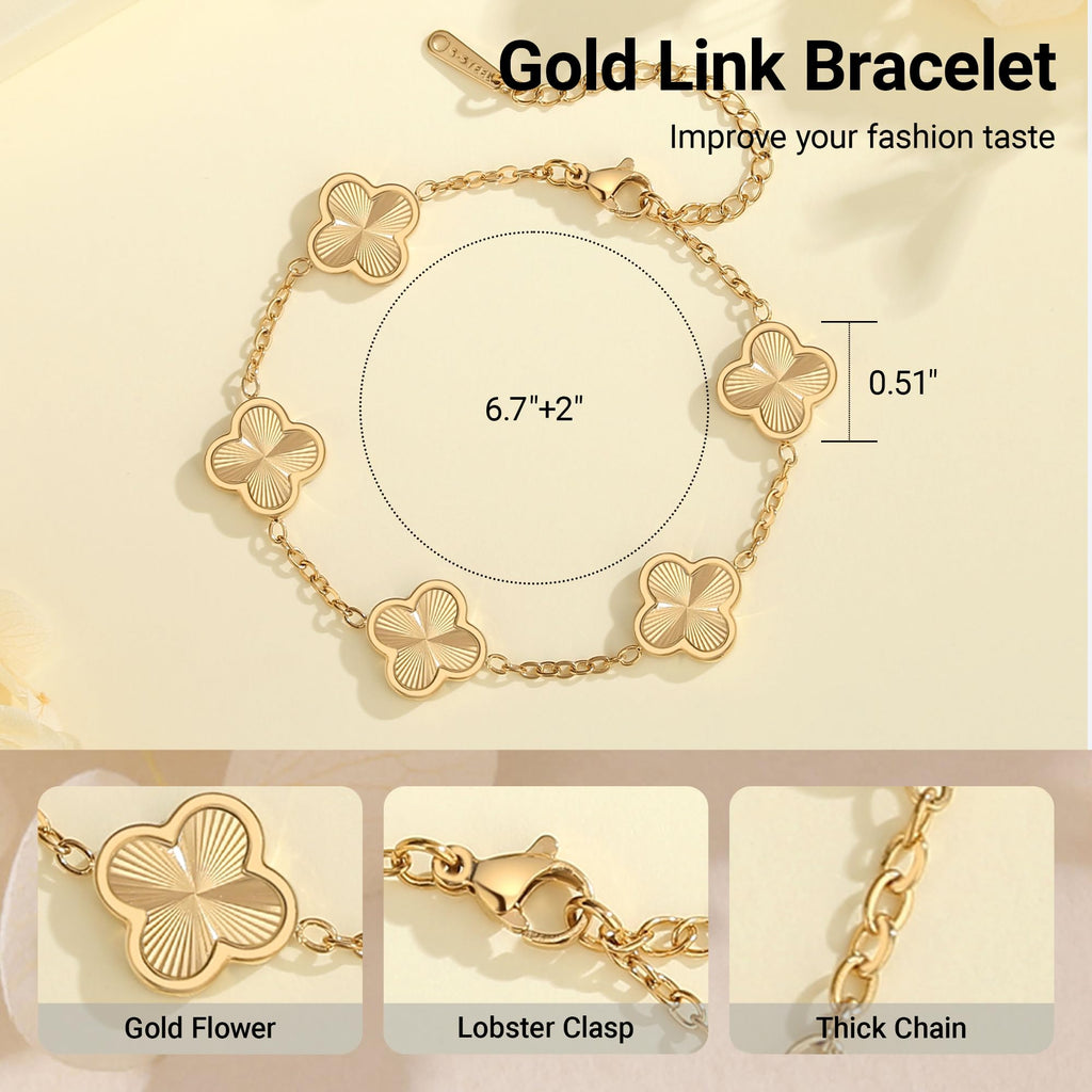 CORSMGSE 18K Gold Plated Clover Lucky Bracelet for Women Gold White Black Pink Green Red Blue Adjustable Double Sided Flower Four Leaf Link Bracelets Trendy Jewelry Gifts for Women Men