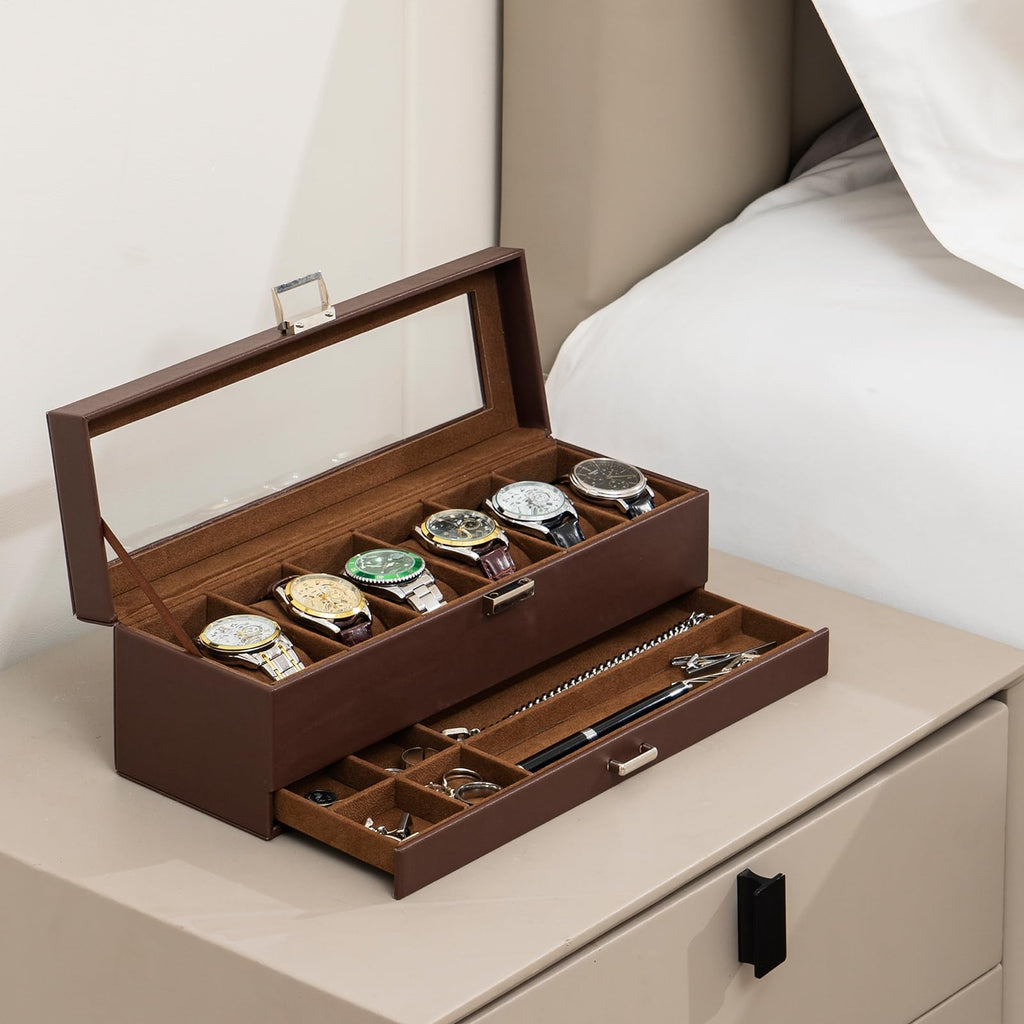 ProCase Watch Box, 6 Slot Watch Display Case with Drawer -Espresso