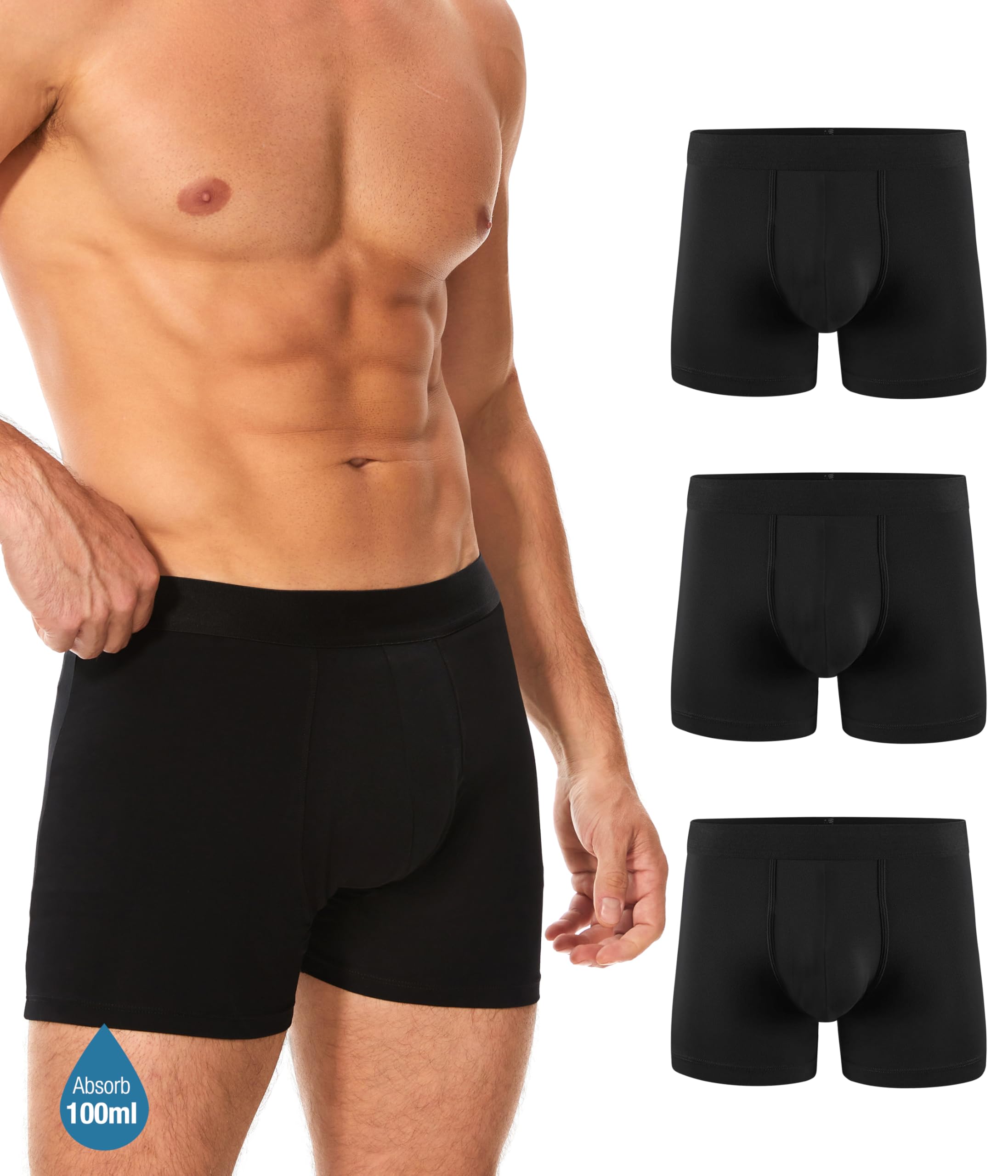 YESWEL Men's Incontinence Underwear, Leak Proof Washable Reusable Cotton Boxer Brief, Heavy Flow Bladder Leak 3 Pack (Black, X-Large)