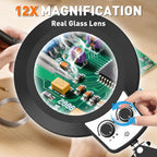 KIRKAS 12X Magnifying Glass with Light and Stand, Extra-Long Arm Knob