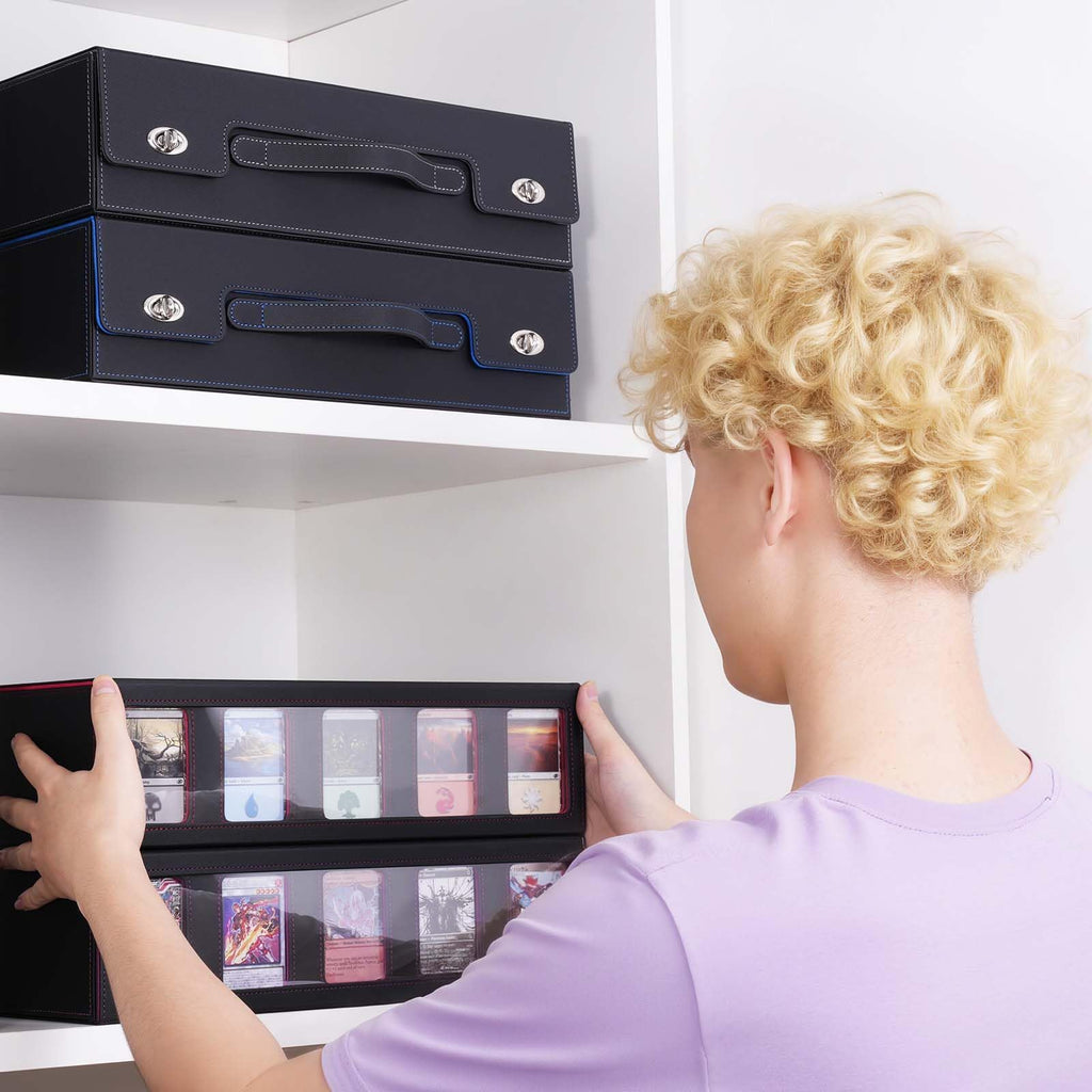 UAONO Trading Card Storage Box with Commander Display, 5 Row Magic Card Box with Handle & Aluminum Alloy Locking for 3900+ Unsleeved Cards Suits for MTG PTCG TCG Sports Cards (Black Gray)