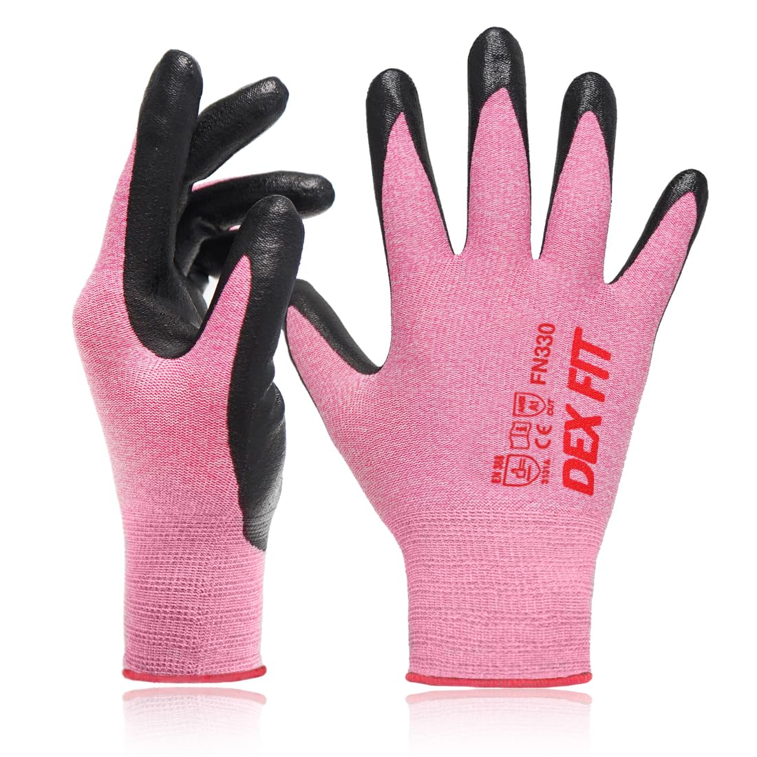 DEX FIT Nitrile Work Gloves FN330, 3 Pairs, 3D-Comfort Stretchy Fit, Firm Grip, Thin & Lightweight, Touch-Screen Compatible, Durable, Breathable & Cool, Machine Washable; Pink XXL (11)