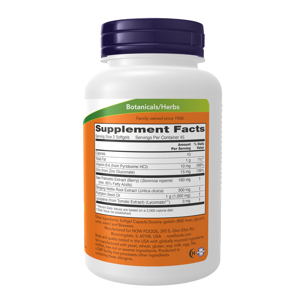 NOW Foods Supplements, Prostate Support, Prostate Support, with Standardized Saw Palmetto, Stinging Nettle & Lycopene, 90 Softgels