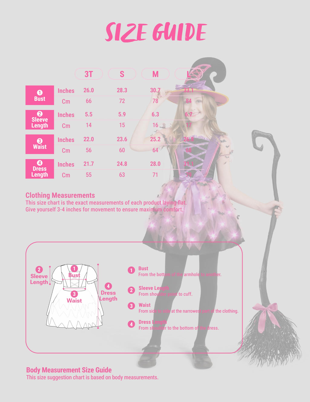 Spooktacular Creations Girls Light Up Witch Costume, Kids Witch Costume with Hat and Broom for Toddler Halloween Dress Up Parties (Toddler (3-4yr))