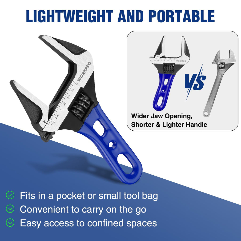 WORKPRO 6-Inch Stubby Adjustable Wrench, 1.5-Inch Extra Wide Jaw Opening Wrench, Metric/SAE Scales, Cr-V Steel, Ideal for Work in Confined Spaces