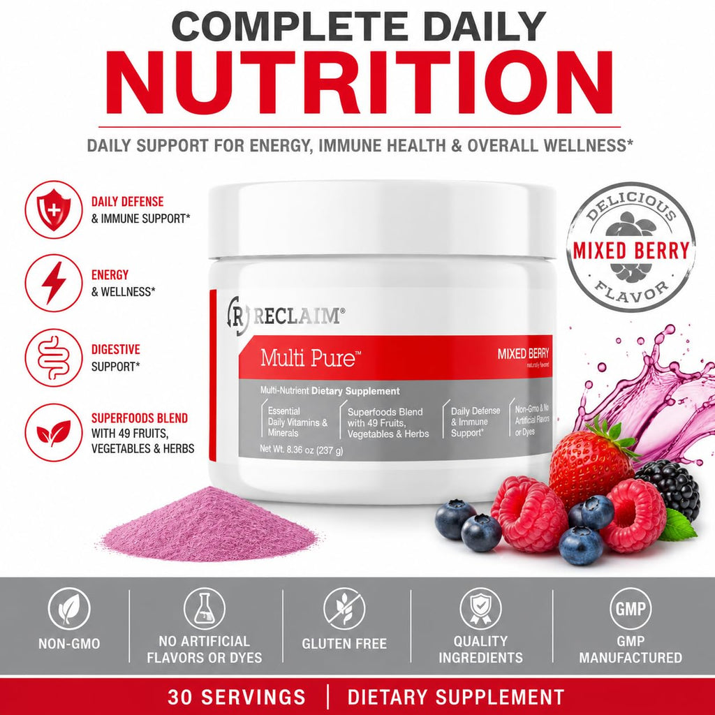 Complete Nutrition Reclaim Multi Pure – Daily Vitamin & Mineral Drink Mix with Digestive & Immune Support – Natural Fruit Flavored Fruit & Greens Powder Supplement – 30 Servings