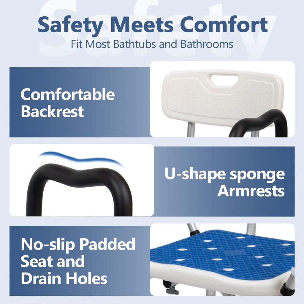 Upgrade Shower Chair for Elderly and Disabled: Non-Slip Silicon Pad Bariatric Shower Seat with Arms & Back, Height Adjust & Reinforced Crossbars, 500lbs Heavy Duty Shower Chair for Inside Shower