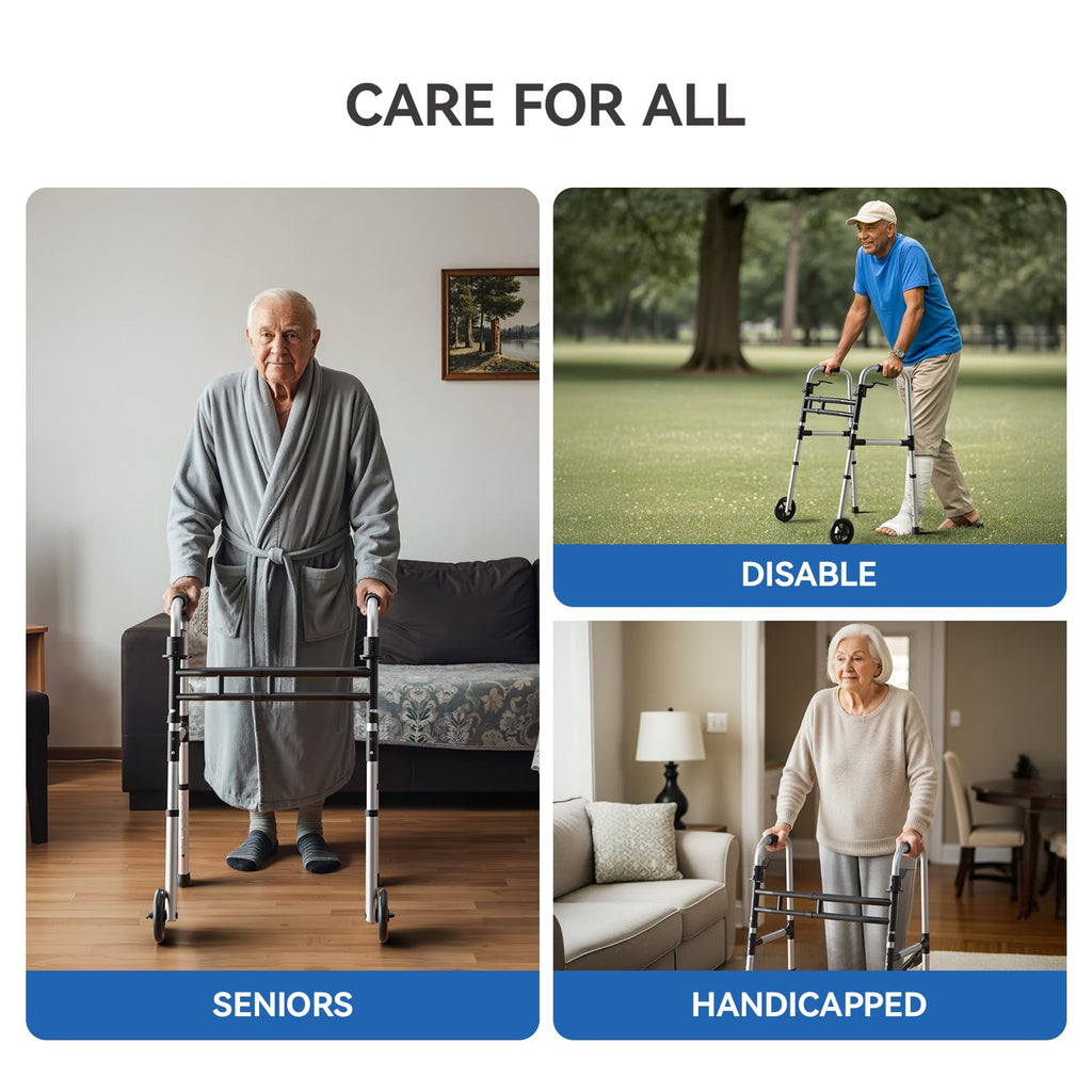 Loyoda Folding Walkers for Seniors，Medical Bariatric Walker Lightweight 5'' Front Wheel Walker Height and Width Adjustable Aluminum Standard Walker for Handicap