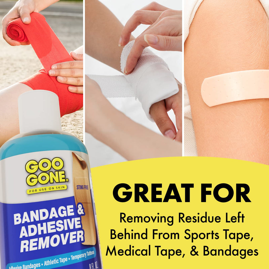 Goo Gone Bandage Adhesive Remover for Skin - Safe and Pain Free Removal for Sticky Residue from Continuous Glucose Monitors, KT Tape, Medical Tape, Heart Rate Monitors, Insulin Pumps, 8 oz (Pack of 2)