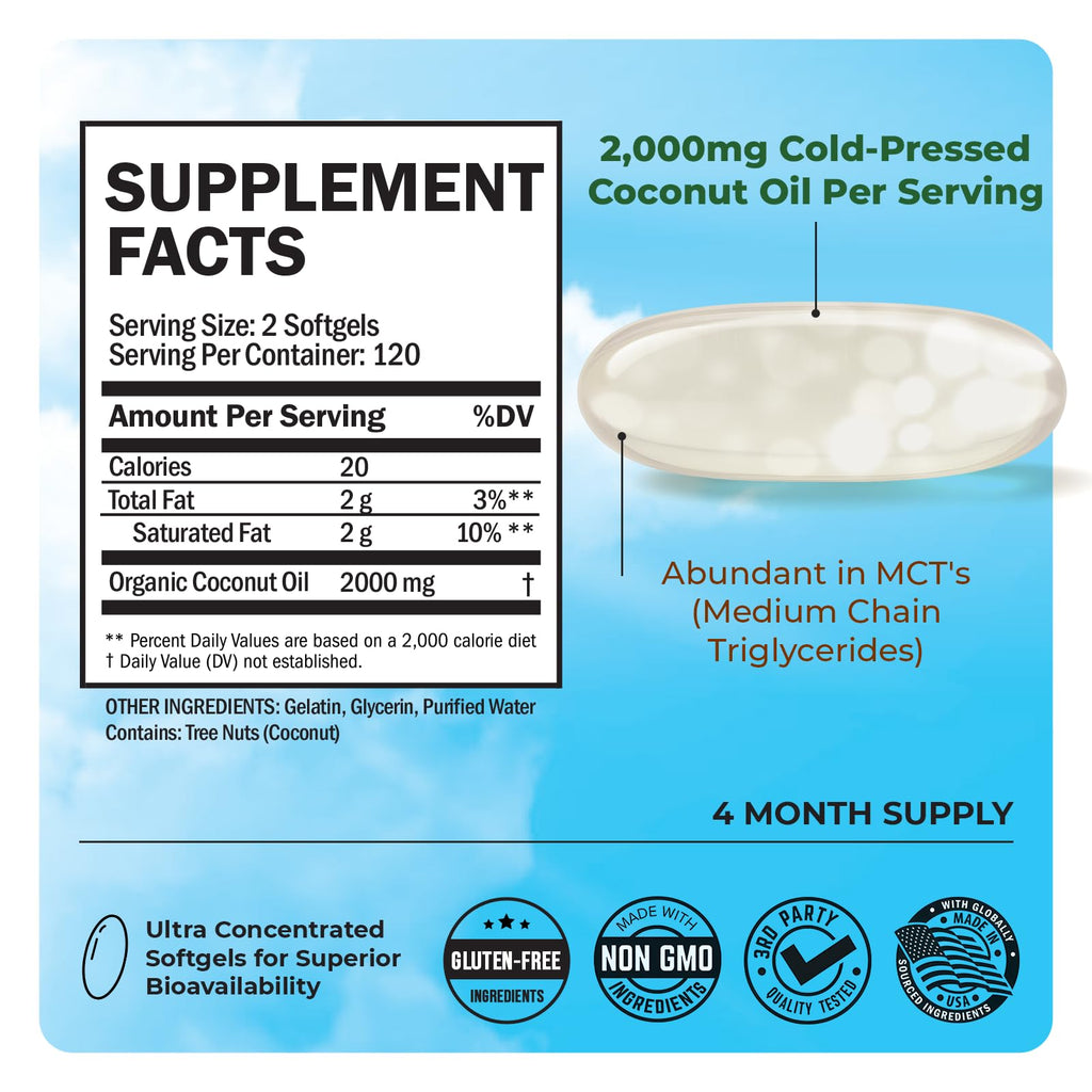 Coconut Oil Capsules 2000mg - Organic Pure Extra Virgin Unrefined Cold Pressed MCT Rich & Non-GMO for Healthy Skin Nails Hair Growth Support Bloating Anti Aging Digestion - 240ct (4 Month Supply)