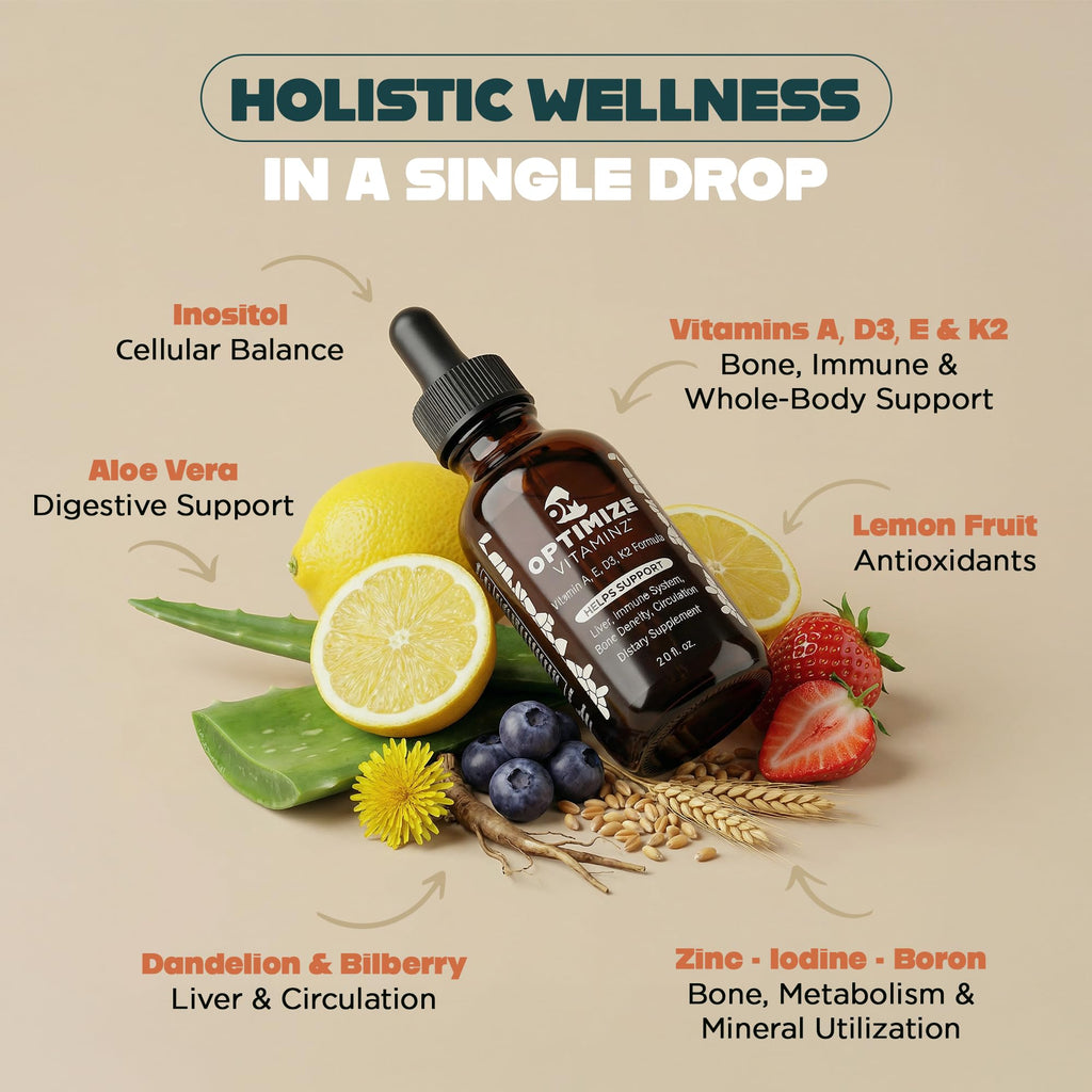 Optimize Vitaminz Liquid Vitamin D3 K2 Drops with Dandelion Root & Bilberry | Immune, Liver & Bone Support, MK-7 Formula, Fast Absorption Liquid Multivitamin, 30 Day Supply, 2 Fl Oz