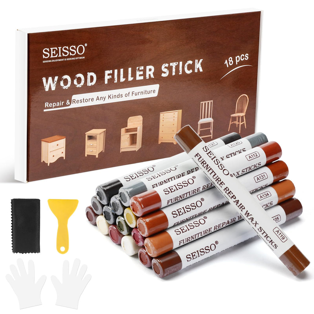 Wood Filler Sticks, 18 Colors Wood Wax Crayons, SEISSO Furniture Repair Scratch Wax Stick Pen kit for Touch Ups Scratches, Scuffs, Cracks, Nail Holes of Hardwood Floors, Cabinets, Tables, Doors