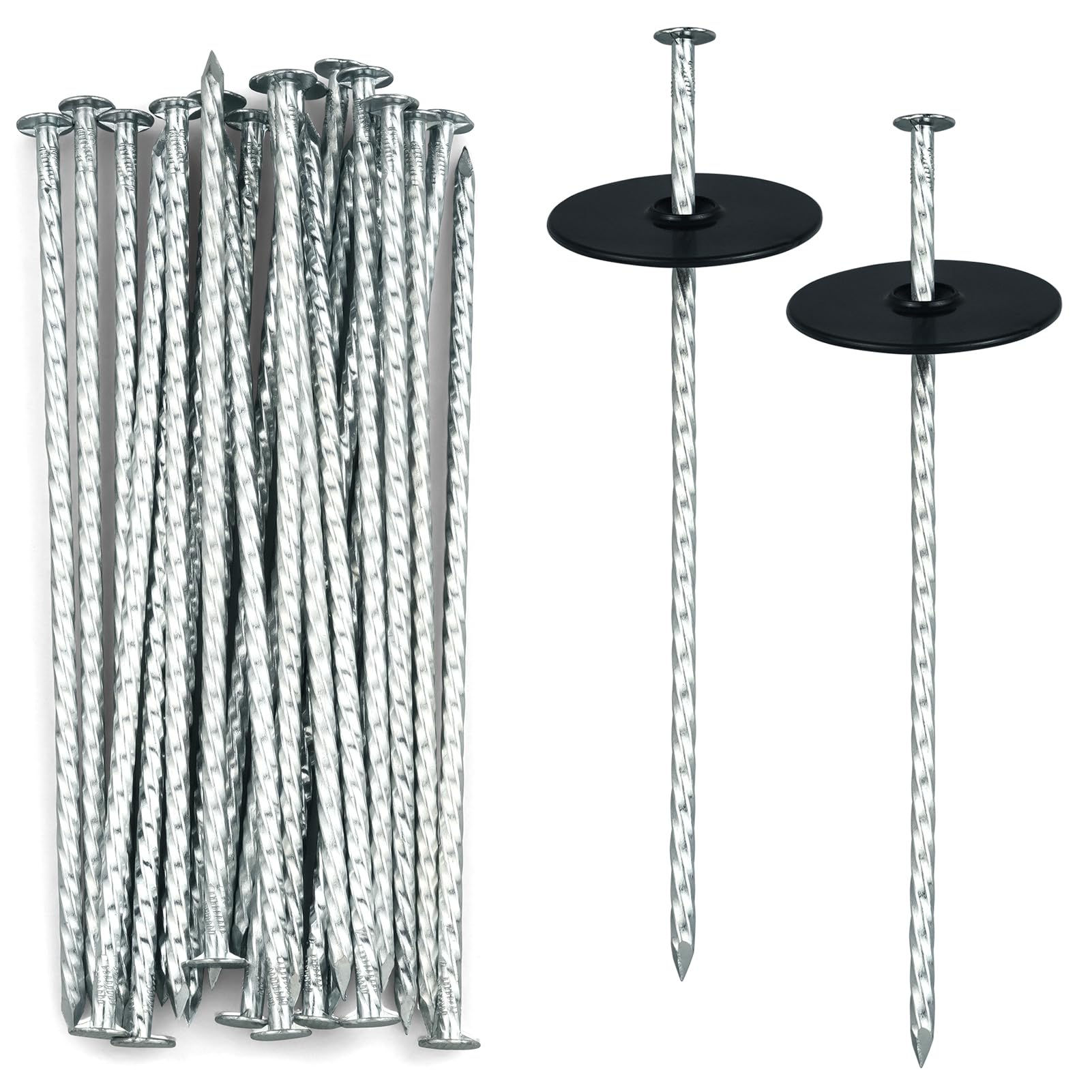 EISENSP 8 Inch Heavy Duty Landscape Stakes with Gasket Caps - 200 Sets Galvanized Spiral Garden Spikes Kit for Securing Weed Barrier Fabric, Artificial Turf, Tent and More