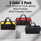 Sanwuta 3 Pack Tool Bag for Men with Waterproof Hard Bottom, Heavy Duty Tool Bag Wide Mouth Tote for Various Instrument, Electrician Carpenter Mechanic(Blue, Red, Yellow,13 Inch,Classic)