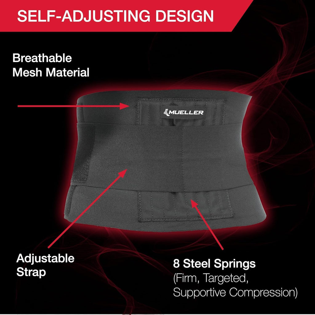 MUELLER Sports Medicine Adjustable Back Brace, Ideal for Upper and Lower Back Pain, Relief & Support for Men and Women, Strains, Sciatica, Scoliosis, Black, One Size