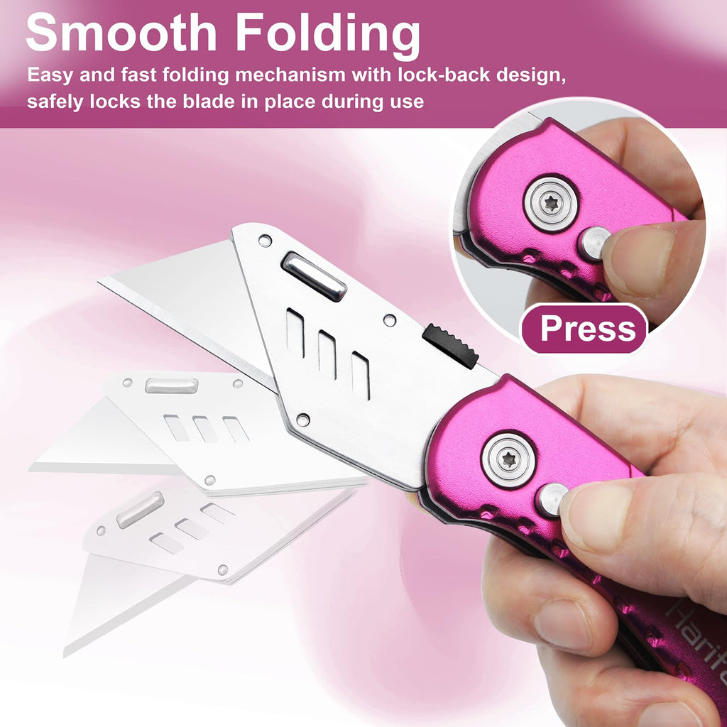 Box Cutter Heavy Duty Utility Knife, Razor Knife, Lightweight Aluminum Handle, Back-lock Mechanism, Stainless Belt Clip, for Carpet, Carton, Box, Cardboard, with 5-piece Extra Blades, Hot Pink