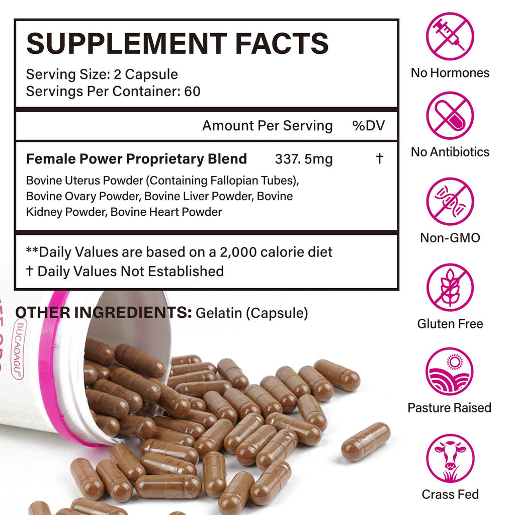 Beef Organ Supplement for Women - Grass-Fed Beef Liver, Kidney, Heart, Uterus, Ovary - Supports Female Energy & Hormone Balance - Pasture Raised in New Zealand - Iron, B12 & CoQ10 - 120 Capsules
