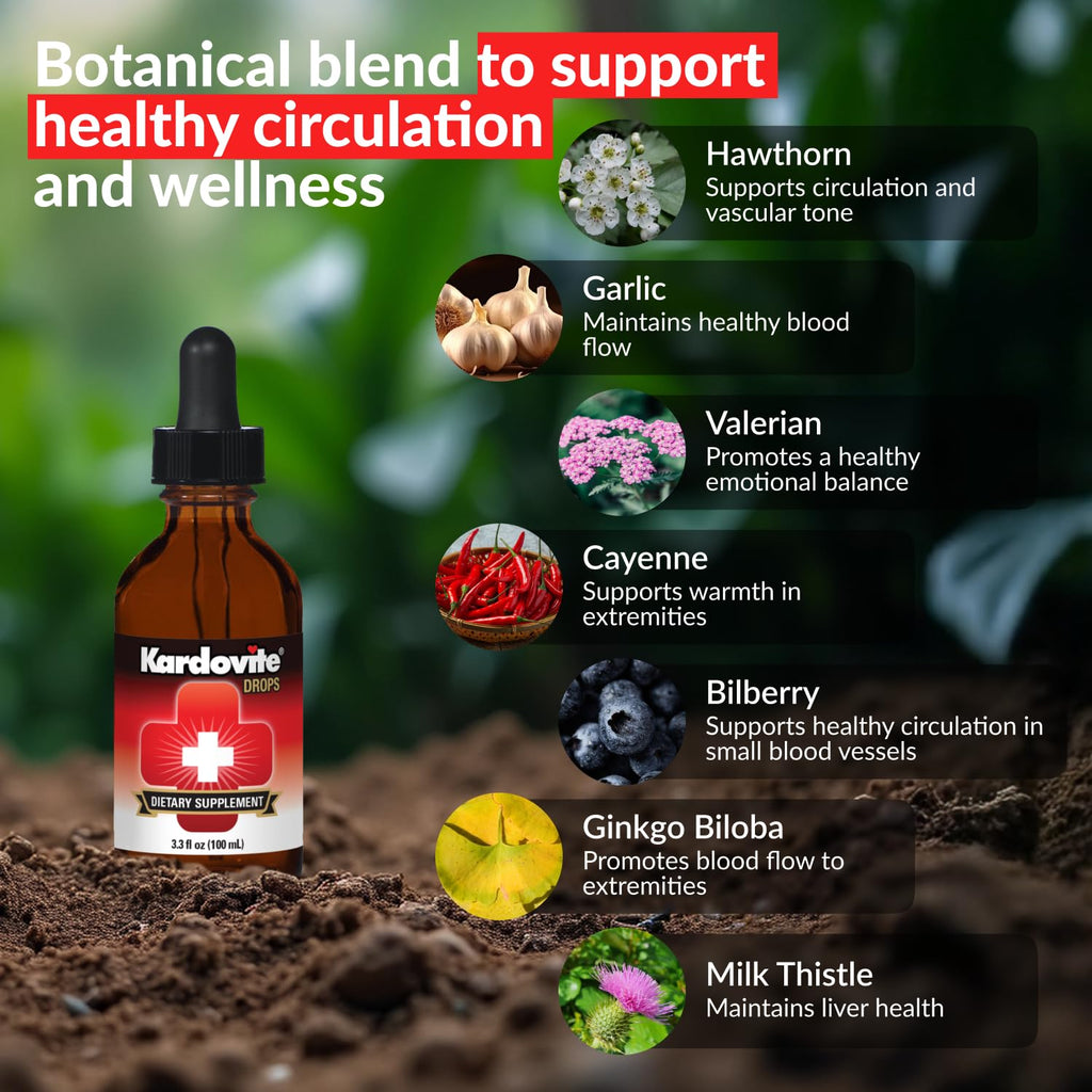 Kardovite Herbal Circulation Support Drops 100ml | Supports Circulatory Wellness with Hawthorn, Garlic, Ginkgo, Cayenne, Milk Thistle, Bilberry & Valerian | Supports Vitality & Daily Wellness