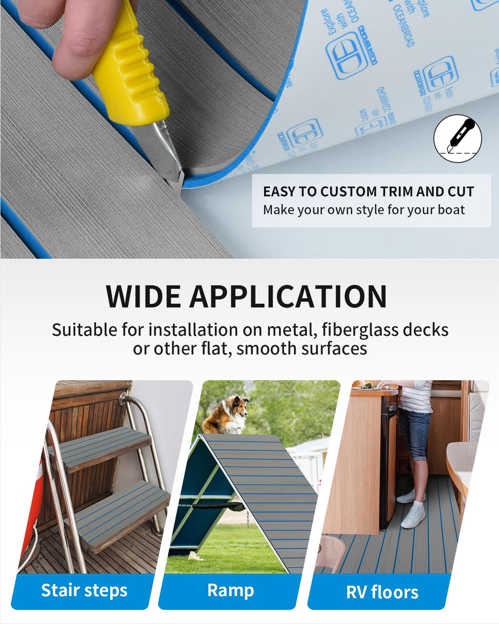 OCEANBROAD Boat Flooring EVA Foam Self-Adhesive 96''x28.8'' Faux Teak Marine Boat Decking Sheet for Jon Boats Yacht Floor, Gray with Blue Seam Lines
